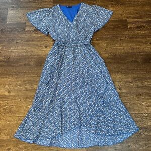 Pretty Garden Feminine Blue Floral Ruffled Wrap Maxi Dress with Flutter Sleeves